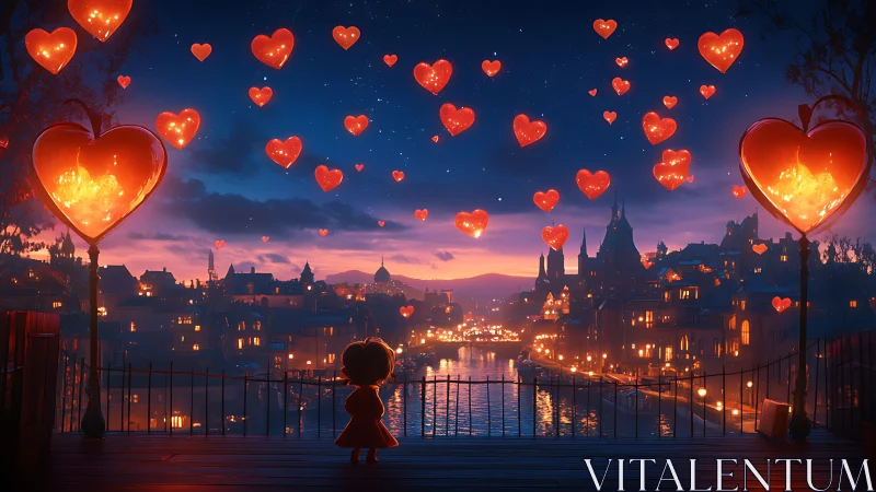 Luminous Hearts Float Above Enchanted City at Twilight.