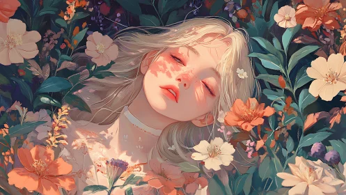 Young woman lying amid dense floral vegetation in repose.