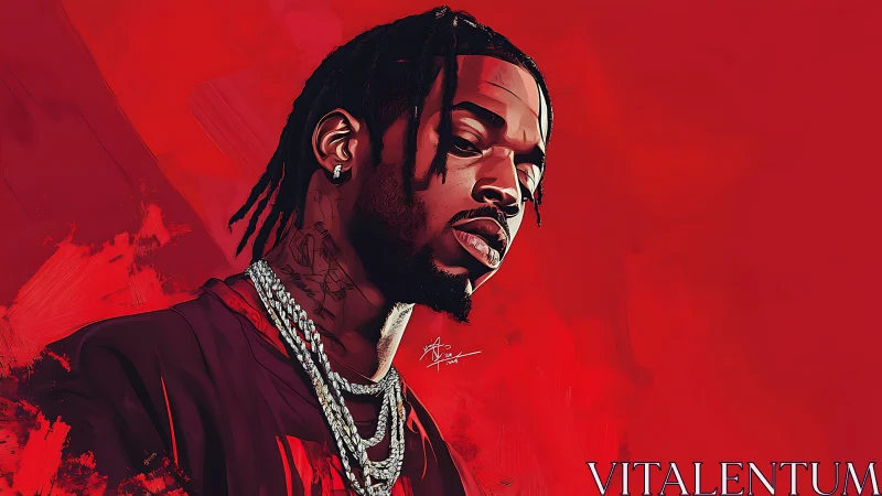 Vectorized hip‑hop portrait with saturated monochrome crimson field.