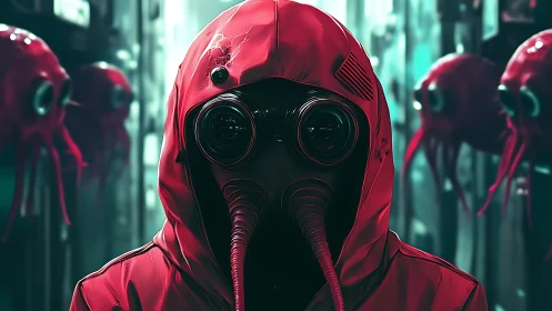 Crimson biohazard watcher amid neon jelly sentinels.