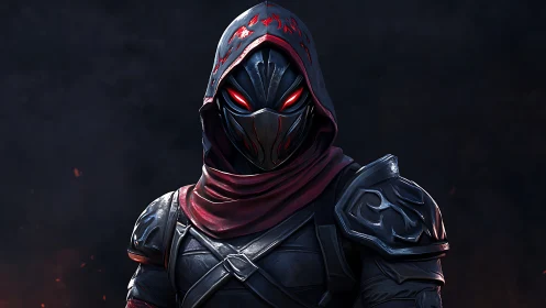 Mysterious armored rogue with glowing eyes and crimson hood.