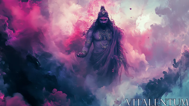 Central robed figure stands amid dense magenta and cyan vapor