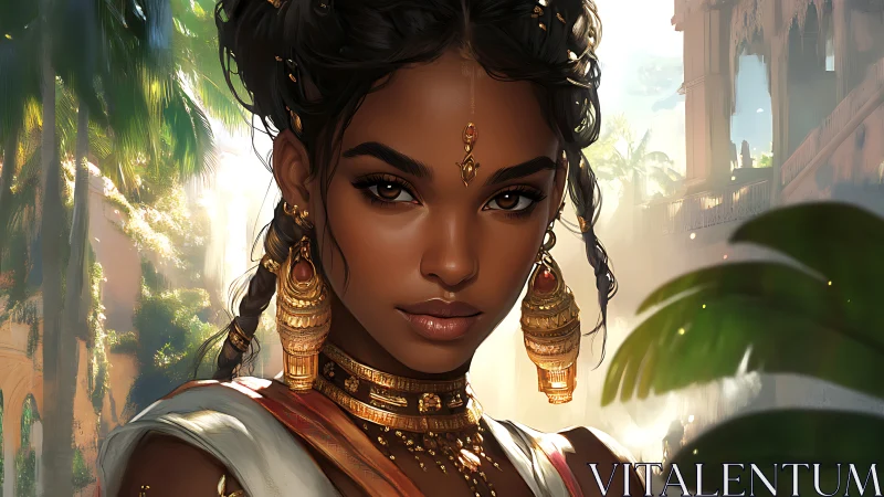 Digital portrait of woman with jewelry in tropical setting.