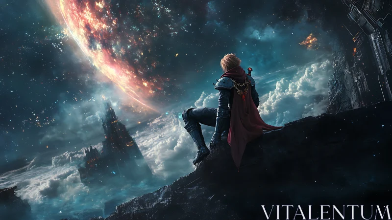 Starlit warrior resting beneath a burning celestial horizon.