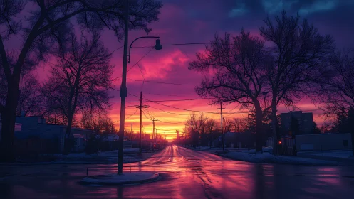 Empty winter street under vivid purple orange sunset sky