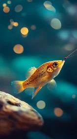 Golden tropical fish near hook in dreamy bokeh water.