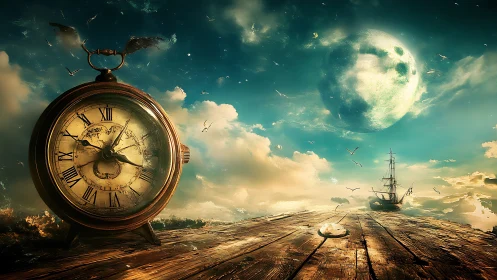 Winged pocket watch patrols a moonlit sea of drifting time