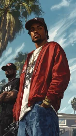 Streetwear duo stand under palm trees in urban sunlight