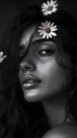 Monochrome close-up portrait of woman with daisy flowers.
