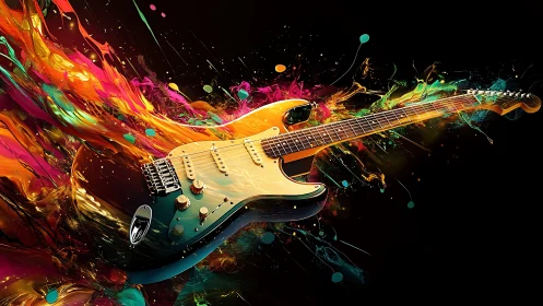 Electric guitar bursts through vivid neon paint explosions