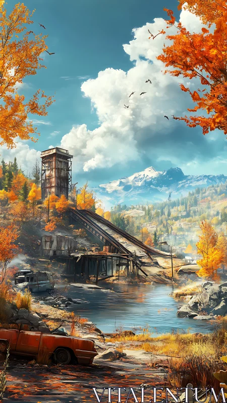 Abandoned riverside industrial site in autumn landscape.