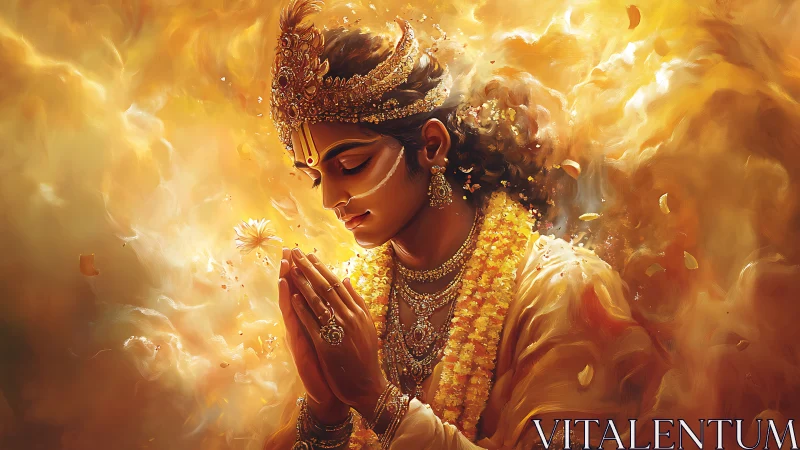 Golden-hued divine figure in serene prayerful contemplation.