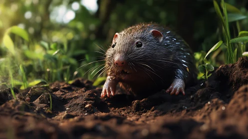Rodent emerging from soil in moist forest floor setting.