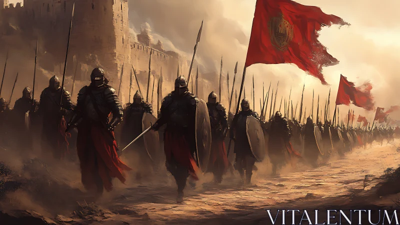 Heavily armored medieval infantry column with crimson war banners