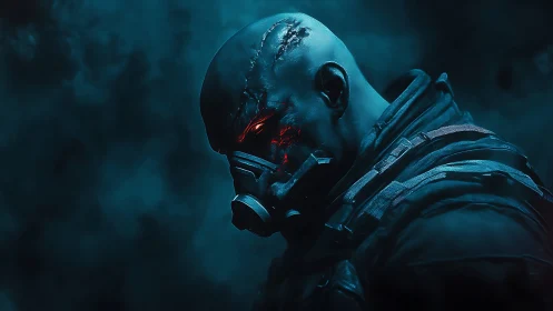 Cyber soldier portrait with glowing fractures and respirator.