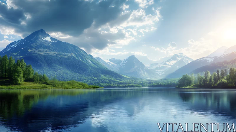Photoreal alpine lake panorama with luminous backlighting.