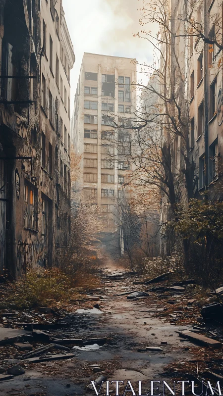 Decayed urban alleyway with derelict midrise tower backdrop