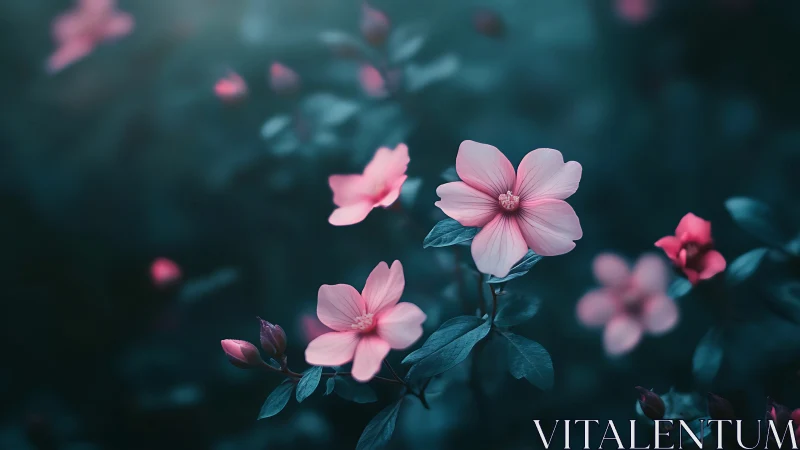 Delicate Pink Flowers Against Deep Teal Garden Backdrop
