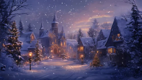Snowlit village street embracing a glowing festive castle.