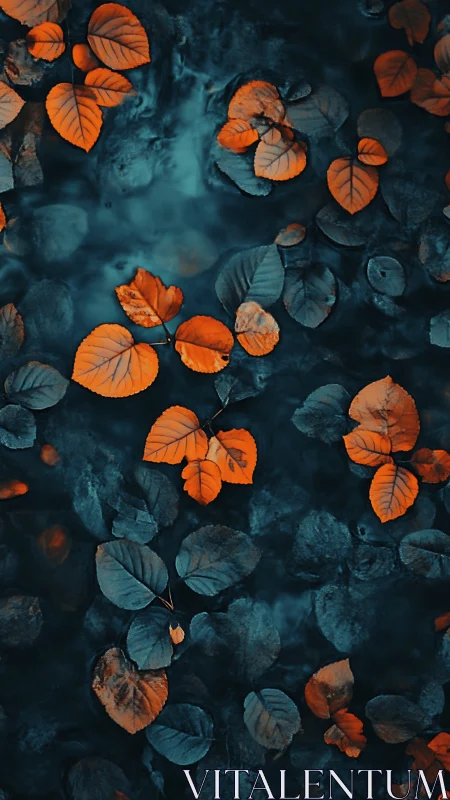 Orange and teal autumn leaves scattered on dark water surface.