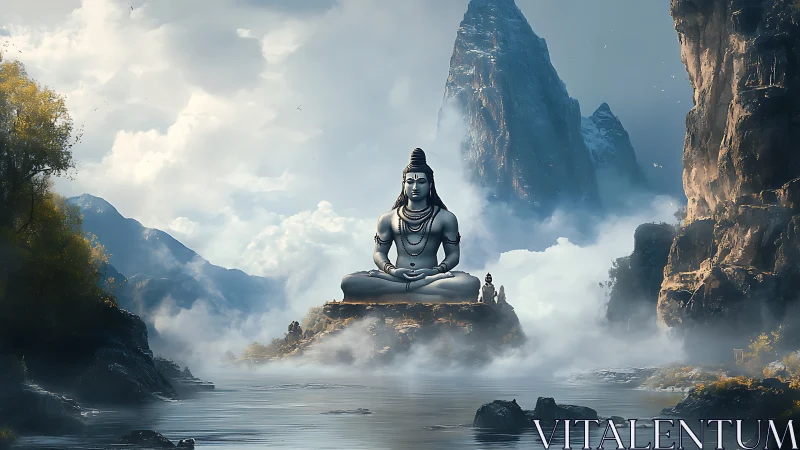Serene mountain god statue rests above misty river valley