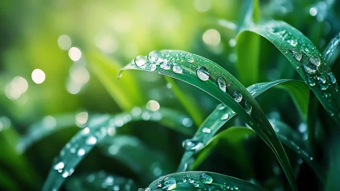 Macro lens captures dew-laden grass blades in luminous bokeh field