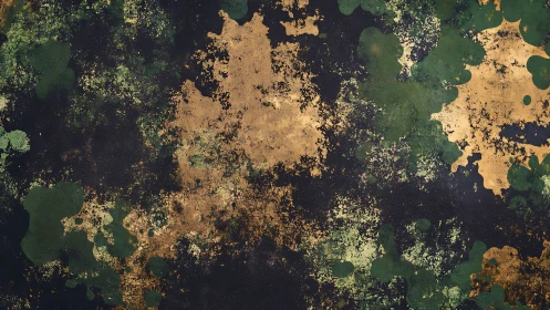 Abstract corroded surface renders mottled green and ochre fields