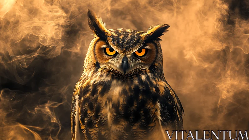 Majestic Owl Portrait in Dramatic Smoky Ambience, Digital Art.