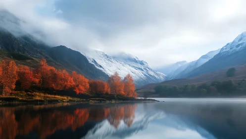 Snowy mountain valley reflected in calm lake with autumn trees