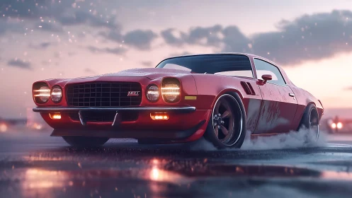Red muscle car drifting on wet asphalt at dusk.