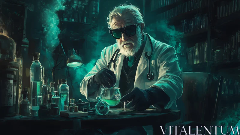 Elderly chemist in teal-lit laboratory mixing volatile serum.