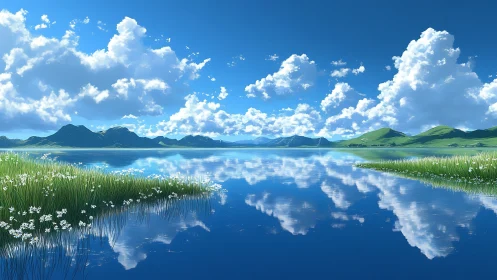 Gentle cloud-washed lake under bright springtime skies.