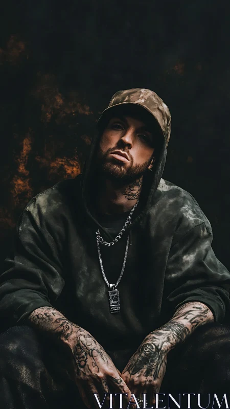 Urban inked drifter broods beneath ember stained shadows.