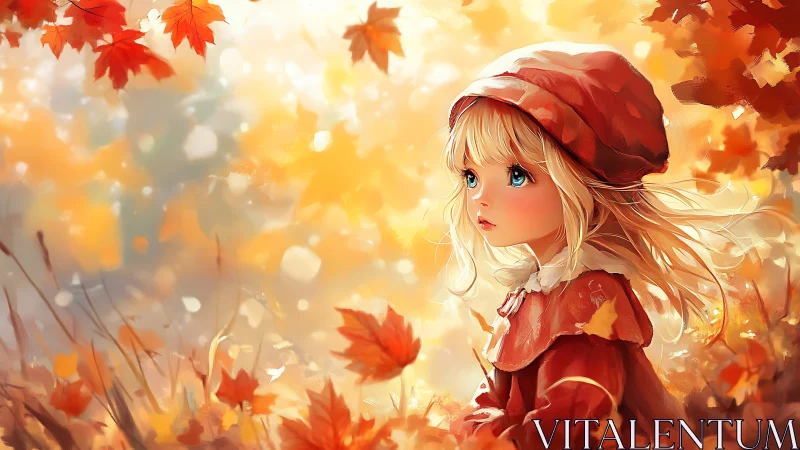 Golden autumn girl gazes softly through swirling fall leaves