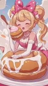 Anime Girl with Pastries on Giant Frosted Donut.