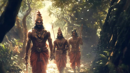 Warrior princes stride through myth-lit jungle sanctuary.