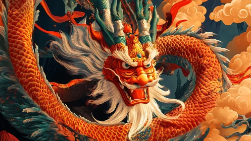 Imperial orange dragon coils through luminous storm clouds.