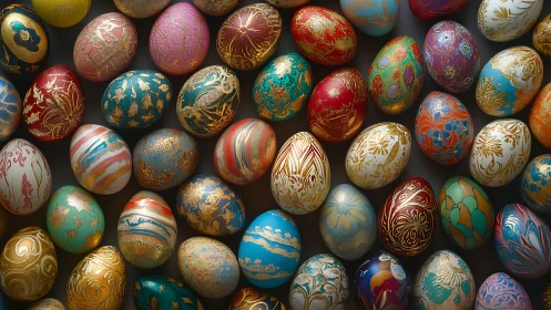 Gilded rainbow eggs lined in a joyful, jewel-toned spread.