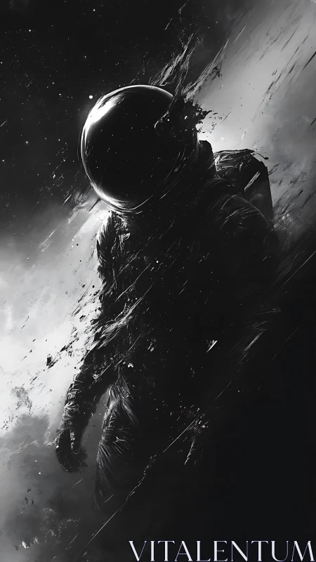 Solitary astronaut silhouette in monochrome abstract space scene.