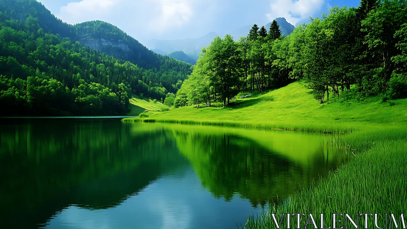 Emerald mountain lake reflects vivid spring forest panorama.
