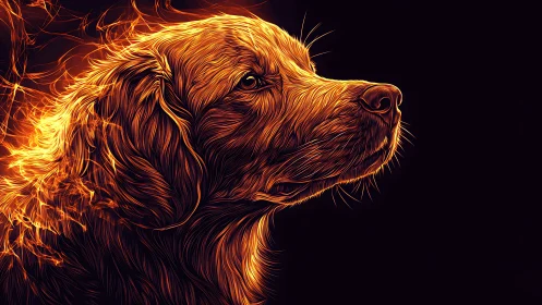 Digital Portrait of Canine Head with Luminous Flame Rendering Effect and Fine Linework