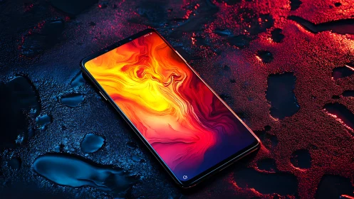 Luminous smartphone adrift on neon-soaked liquid nightscape.