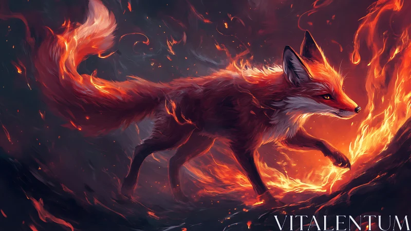 Fiery red fox strides through swirling flames in darkness