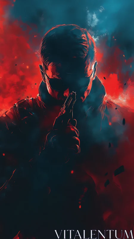 Silhouette gunslinger ignites in red and teal smoke storm.