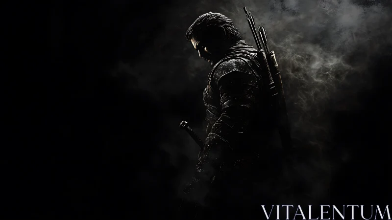 Brooding warrior in stormlit shadow, steel whispering doom.