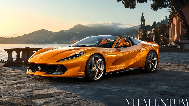 Sunlit orange supercar rests by a tranquil lakeside promenade