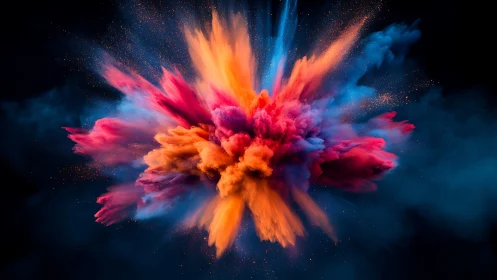 Color powder explosion forms dense radial cloud in dark space