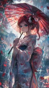 Rain-soaked girl with parasol stands in a glowing petal storm