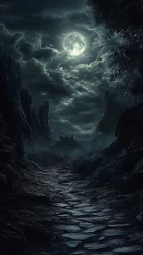 Digital painting of moonlit path to distant dark fortress at night.