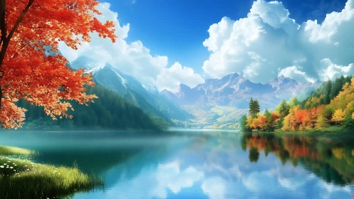 Tranquil alpine lake reflects vivid autumn forest and peaks